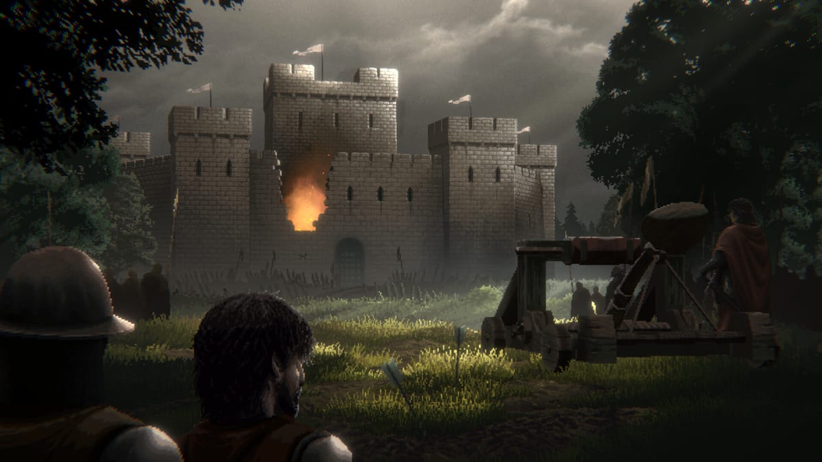 Eine Burgmauer brennt während einer Katapultbelagerung in Defender of the Crown: The Legend Returns